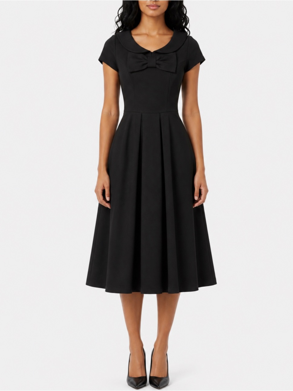 Black Pleated Fit and Flare Midi Dress